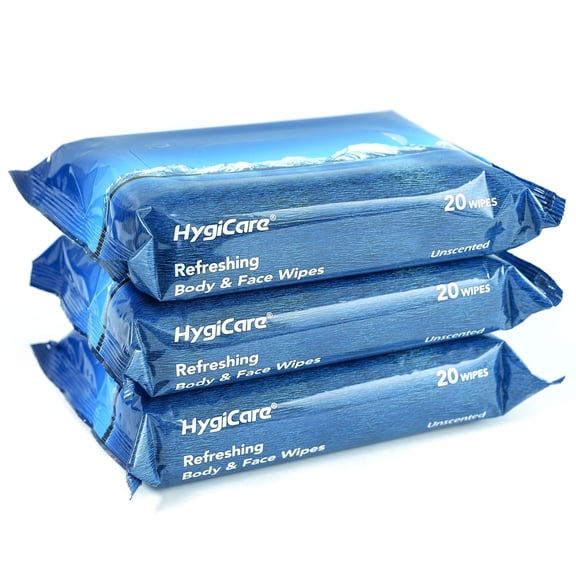 HygiCare Body & Face Wipes Unscented, 60ct, Bamboo, Soft, Ultra Thick, No Rinse, Perfect for Hiking Gym Camping
