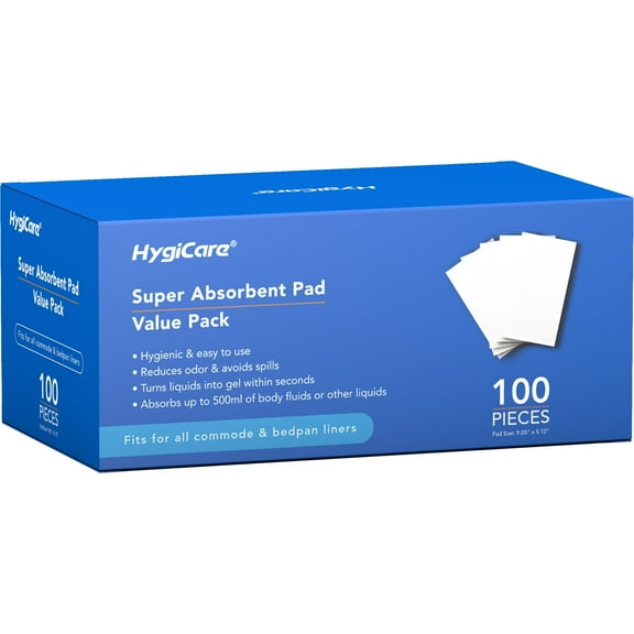 HygiCare Super Absorbent Pads Value Pack -100ct, Medical Grade, Fits Commode Bag, Turn Liquid into Gel, Greatly Reduce Odor