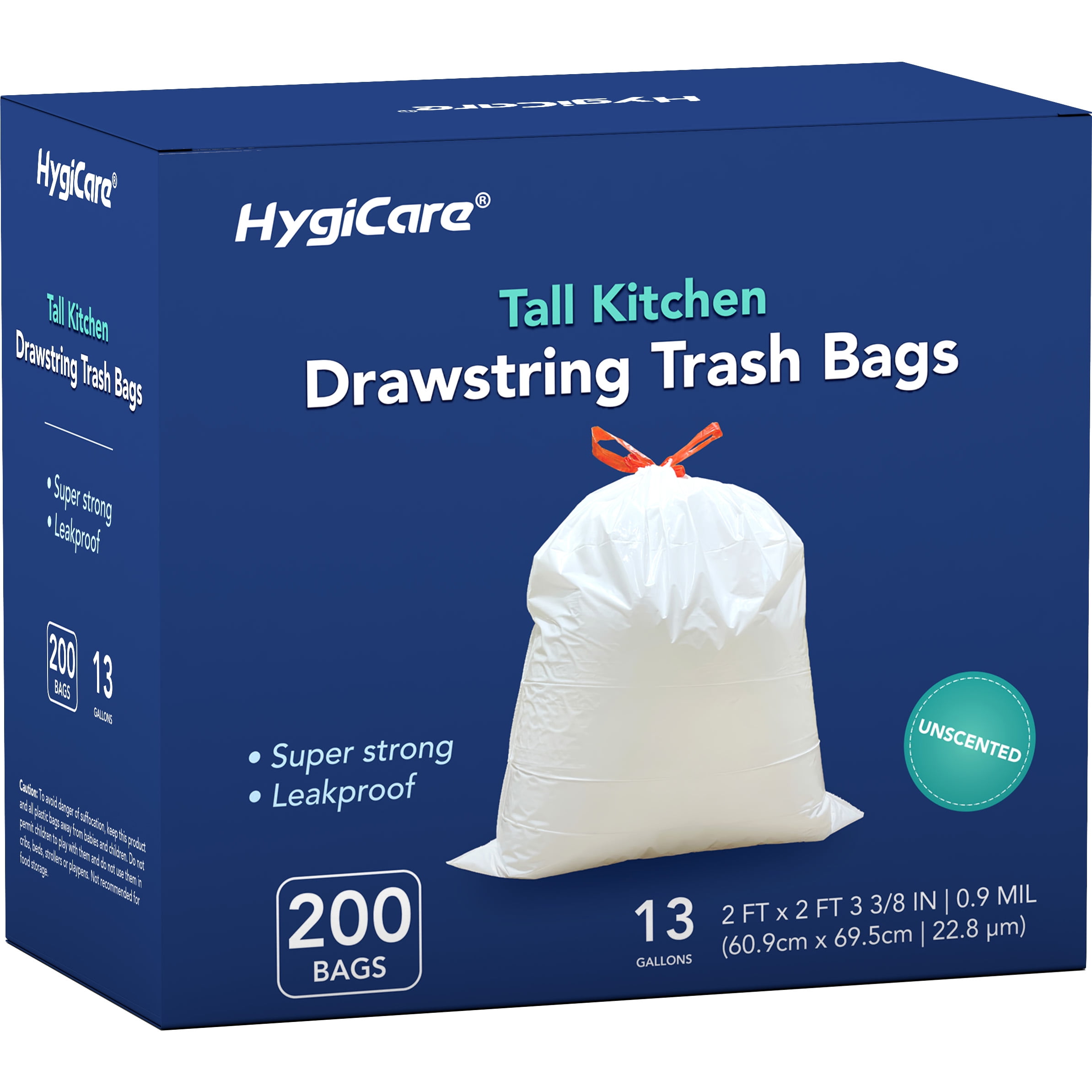 HygiCare Tall Kitchen Drawstring Trash Bags Unscented, 13 Gallons