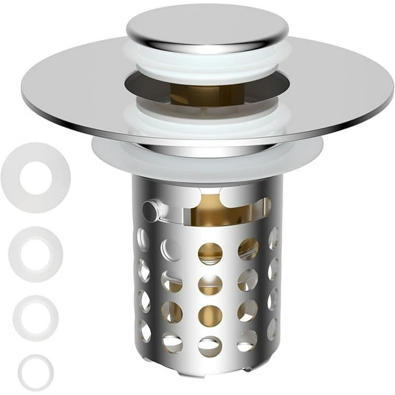 Hygie Rinse Upgraded 3 in 1 Bathroom Sink Stopper Universal Pop Up Sink Drain Strainer, with Removable Stainless Steel Filter Basket Hair Catcher, for Standard 1.1''~2.36'' Sink Basin Hole, Chrome