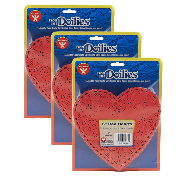 Hygloss Heart Doilies Red 6" 100/Pack 3 Packs (HYG91064-3)