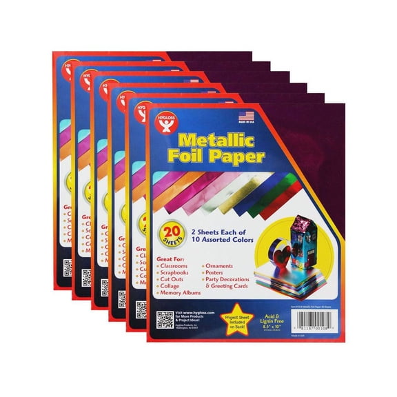 Hygloss Metallic Foil Paper Sheets 8.5" x 10" Assorted Colors 20 Per Pack 6 Packs (HYG108-6)