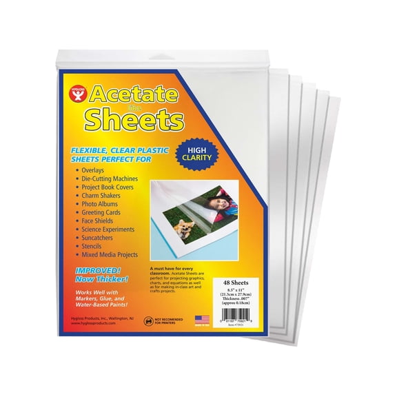 Hygloss Products Acetate Sheets for Crafts, Clear Overhead Projector Sheets Acetate-Like, For Arts And Craft Projects and Classrooms, Not for Printers, 8.5 x 11, 48 Pack 48 Sheet