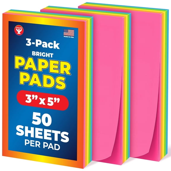 Hygloss Bright Paper Note Pads, 3" x 5", Assorted Colors, 3 Pack, 150 Sheets