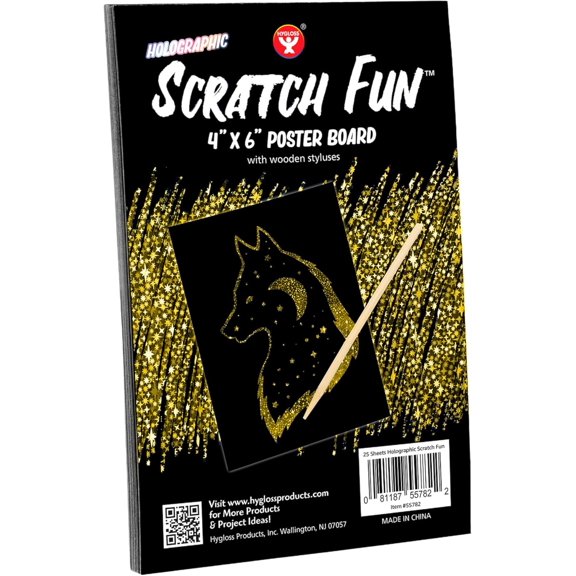 Hygloss Products Fun, Black Matte Scratch Art Set for Kids, Kit Includes 25 Silver Holographic Papers, 4 x 6 Inches and 5 Wooden Stylus Sticks
