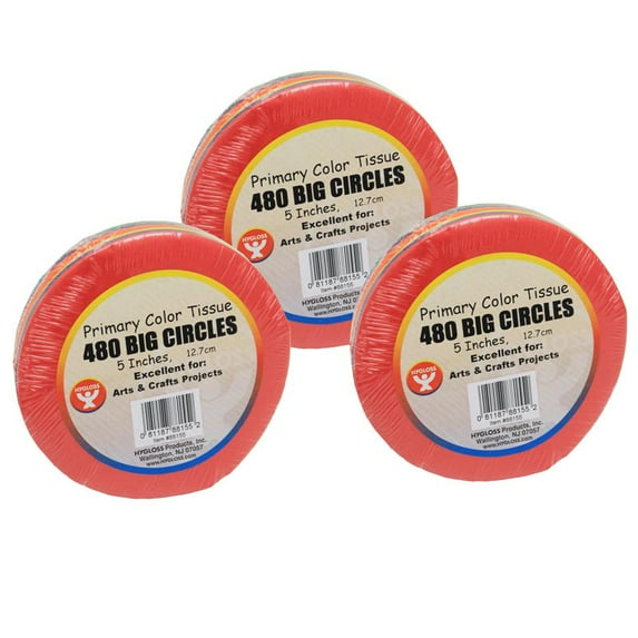 Hygloss Products HYG88155-3 Tissue Paper 480ct 5in Circles Primary Color - Pack of 3