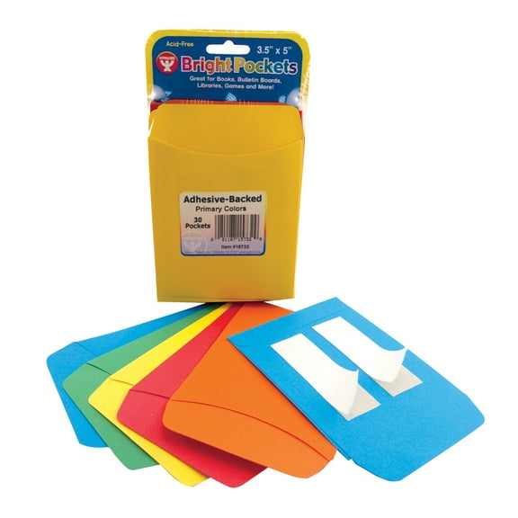 Hygloss Self Adhesive Library Pockets, 3.5" x 4.875", 6 Each of 5 Colors, Pack of 30