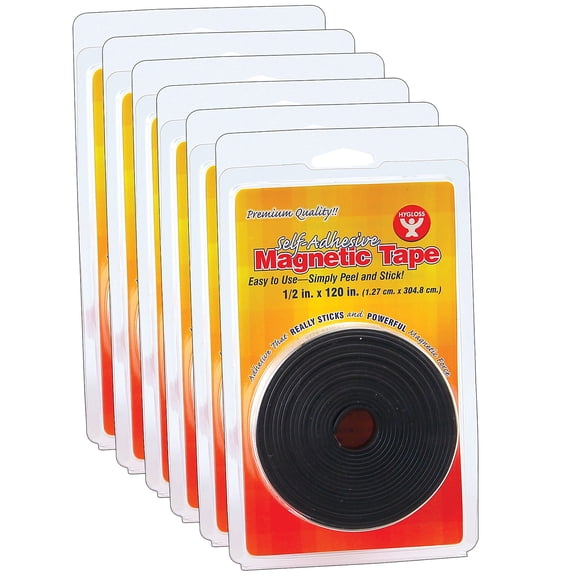 Hygloss Self-Adhesive Magnetic Tape Roll, 1/2" x 120", Pack of 6