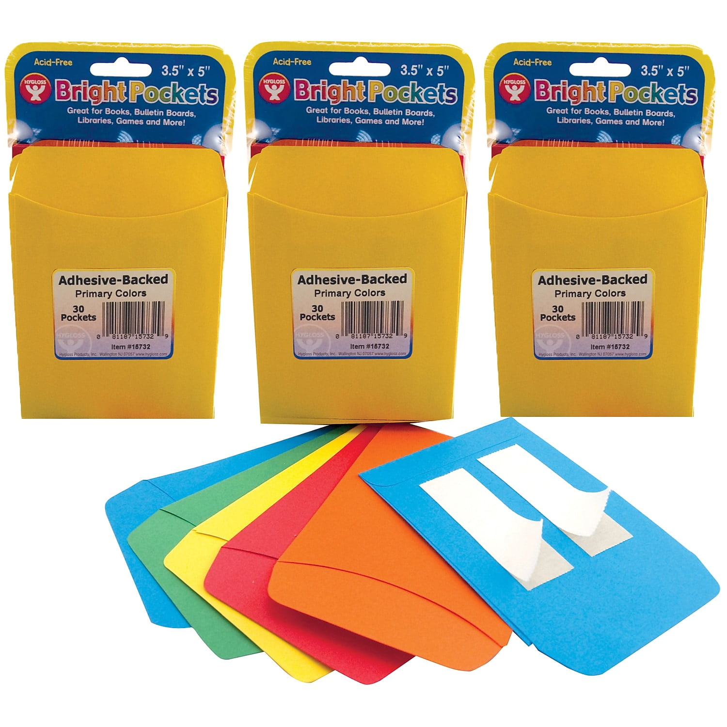 Bright Multicolor Self-Adhesive Library Pockets, 3.5" x 4.875", 90 Count