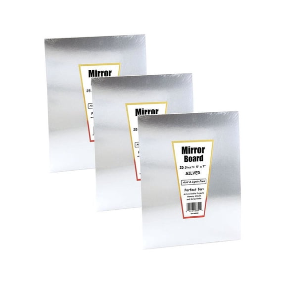 Hygloss Silver Foil Mirror Board, 5" x 7", 25 Sheets Per Pack, 3 Packs