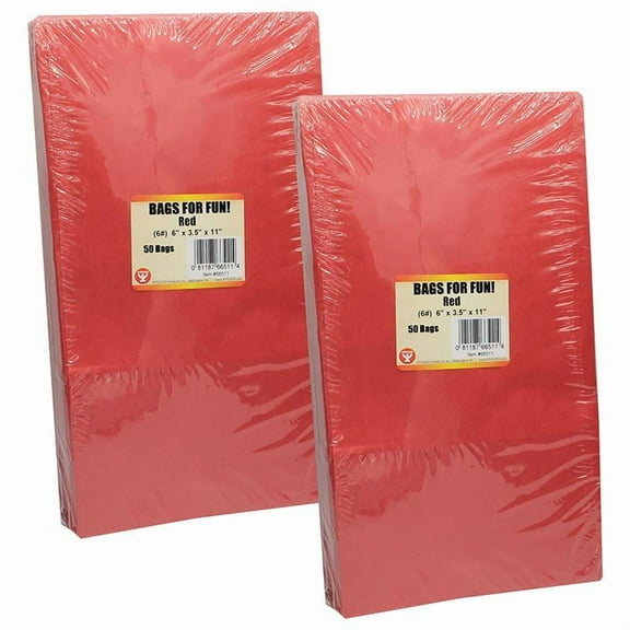 Hygloss Gusseted Paper Bags, Size #6, Red, 50 Per Pack, 2 Packs