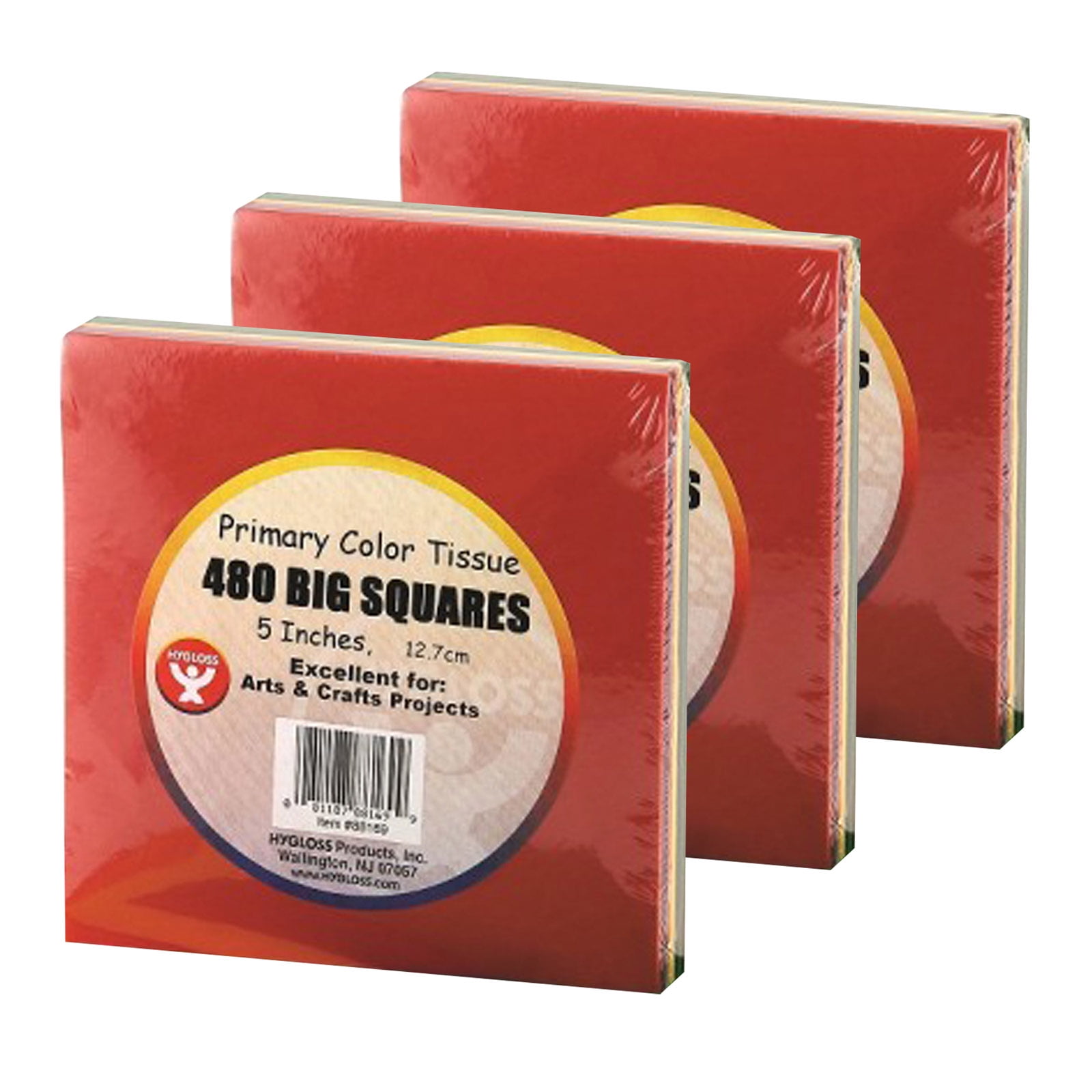 Hygloss Tissue Paper Squares, 5", Primary Colors, 480 Per Pack, 3 Packs