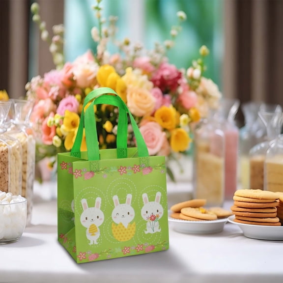 Hyhucoie Reusable Easter Bags with Handles Easter Basket for Kids Egg Hunt Decorations Party Favors Bunny Pattern Gift Totes
