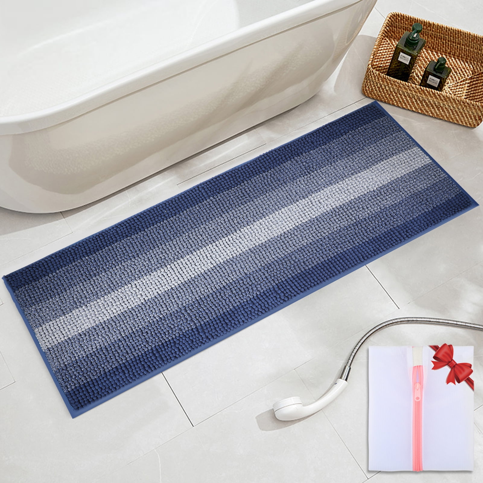 Hyhyco Bathroom Rugs 17"x47", Blue Long Bathroom Rugs Runner ,Microfiber Soft Absorbent Bathroom ...