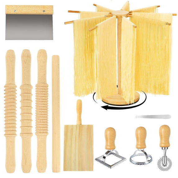 Hyindoor 11PCS Pasta Making Tools, Rotatable Pasta Drying Rack, 3 Size Threaded Rolling Pins, Long Rolling Pin, Gnocchi Board, Dough Cutter, Wheel Cutter, 2 Stamps, Stuffing Spoon
