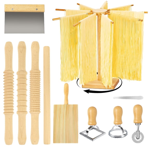 Hyindoor 11PCS Pasta Making Tools, Rotatable Pasta Drying Rack, 3 Size Threaded Rolling Pins, Long Rolling Pin, Gnocchi Board, Dough Cutter, Wheel Cutter, 2 Stamps, Stuffing Spoon