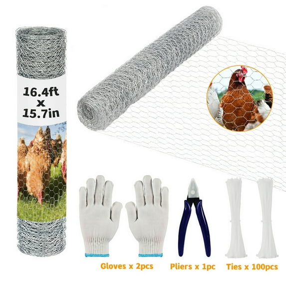 Hyindoor 16.4ft(length) x 15.7in(width) Chicken Wire Fencing Mesh Set with Pliers Gloves and Tie Straps Poultry Protective Net, Hardware Cloth Suitable for Farms Gardens