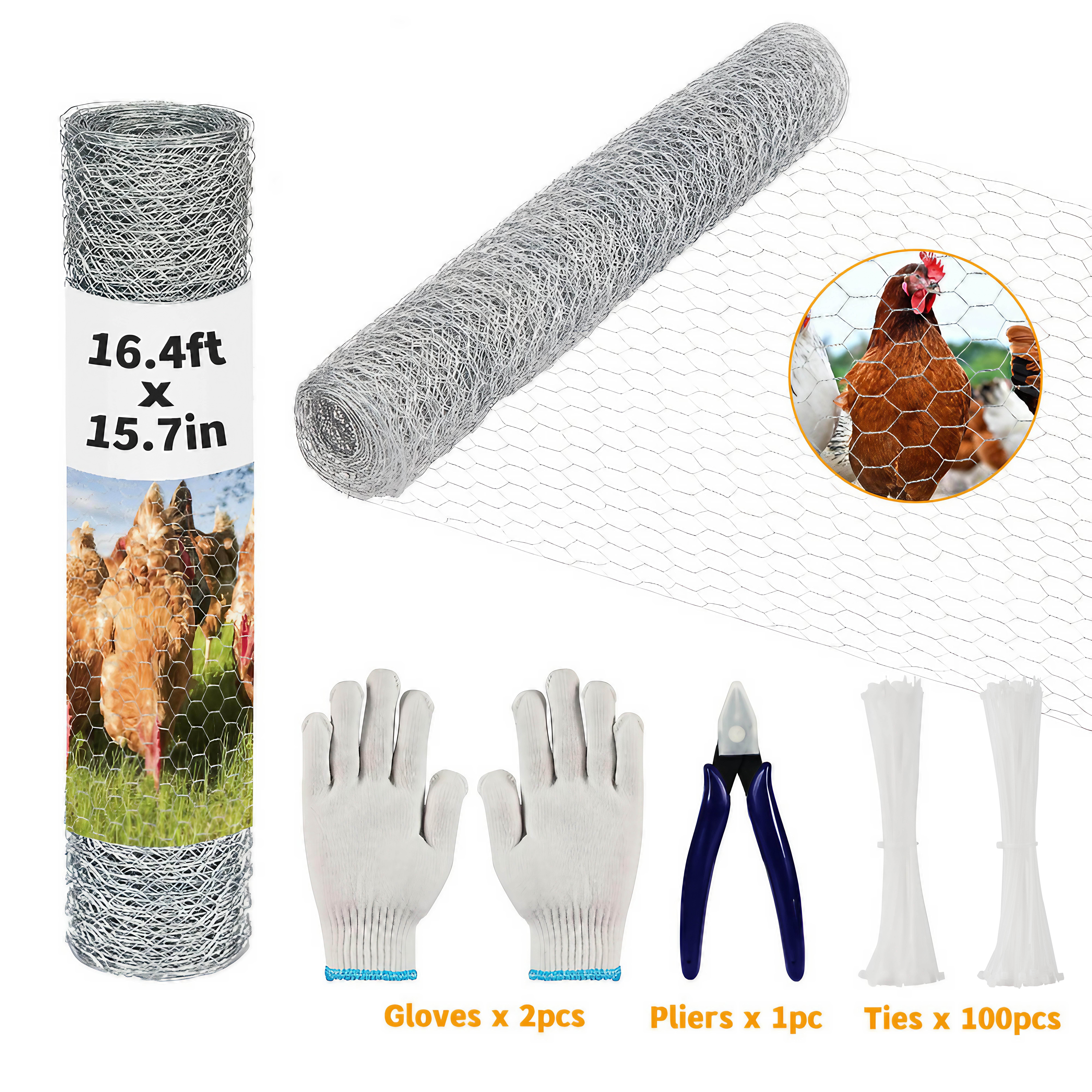 Hyindoor 16.4ft（length） x 15.7in（width） Chicken Wire Fencing Mesh Set with Pliers Gloves and Tie Straps Poultry Protective Net, Hardware Cloth Suitable for Farms Gardens