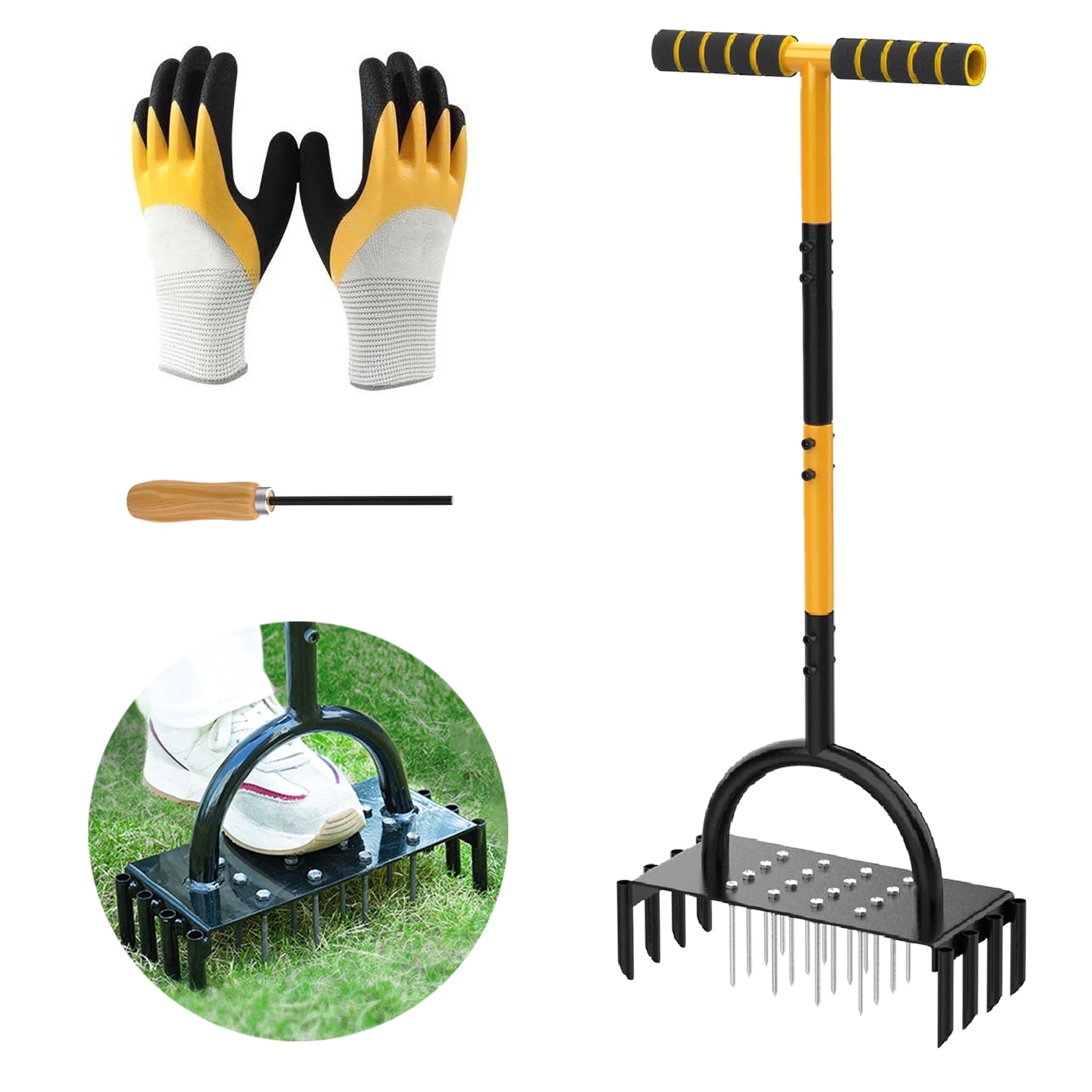 Hyindoor Lawn Aerator Tool, Manual Metal Tool Set with 16 Solid Steel Spikes, Automatic Leaf and Dirt Cleaning with Spring Base Design, Garden Tool for Yard Care（with Gloves）