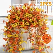 Hyindoor 2PCS Artificial Fake Hanging Flowers for Outdoors Decoration, 132 Bifurcations Faux Silk Daisy with Eucalyptus Leaves, UV Resistant No Fade Decorations for Indoor Outdoor (Orange Yellow)