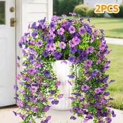 Hyindoor 2PCS Artificial Fake Hanging Flowers for Outdoors Decoration, 132 Bifurcations Faux Silk Daisy with Eucalyptus Leaves, UV Resistant No Fade Spring Decorations Dark Purple+Purple