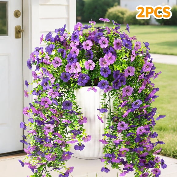 Hyindoor 2PCS Artificial Fake Hanging Flowers for Outdoors Decoration, 132 Bifurcations Faux Silk Daisy with Eucalyptus Leaves, UV Resistant No Fade Spring Decorations (Dark Purple+Purple)