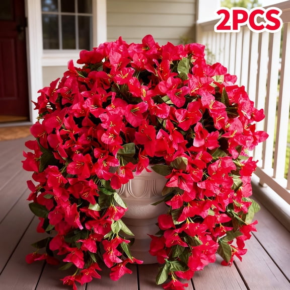 Hyindoor 2PCS Artificial Fake Hanging Flowers for Outdoors Decoration, 156 Bifurcations Bougainvillea with Leaves, UV Resistant No Fade Spring Sunmmer Decorations (Rose Red)