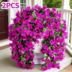 Hyindoor 2PCS Artificial Fake Hanging Flowers for Outdoors Decoration, 156 Bifurcations Bougainvillea with Leaves, UV Resistant No Fade Spring Summer Decorations (Purple)