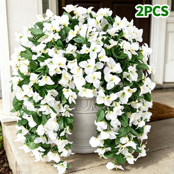Hyindoor 2PCS Artificial Fake Hanging Flowers for Outdoors Decoration, 156 Bifurcations Bougainvillea with Leaves, UV Resistant No Fade Spring Winter Decorations (White)
