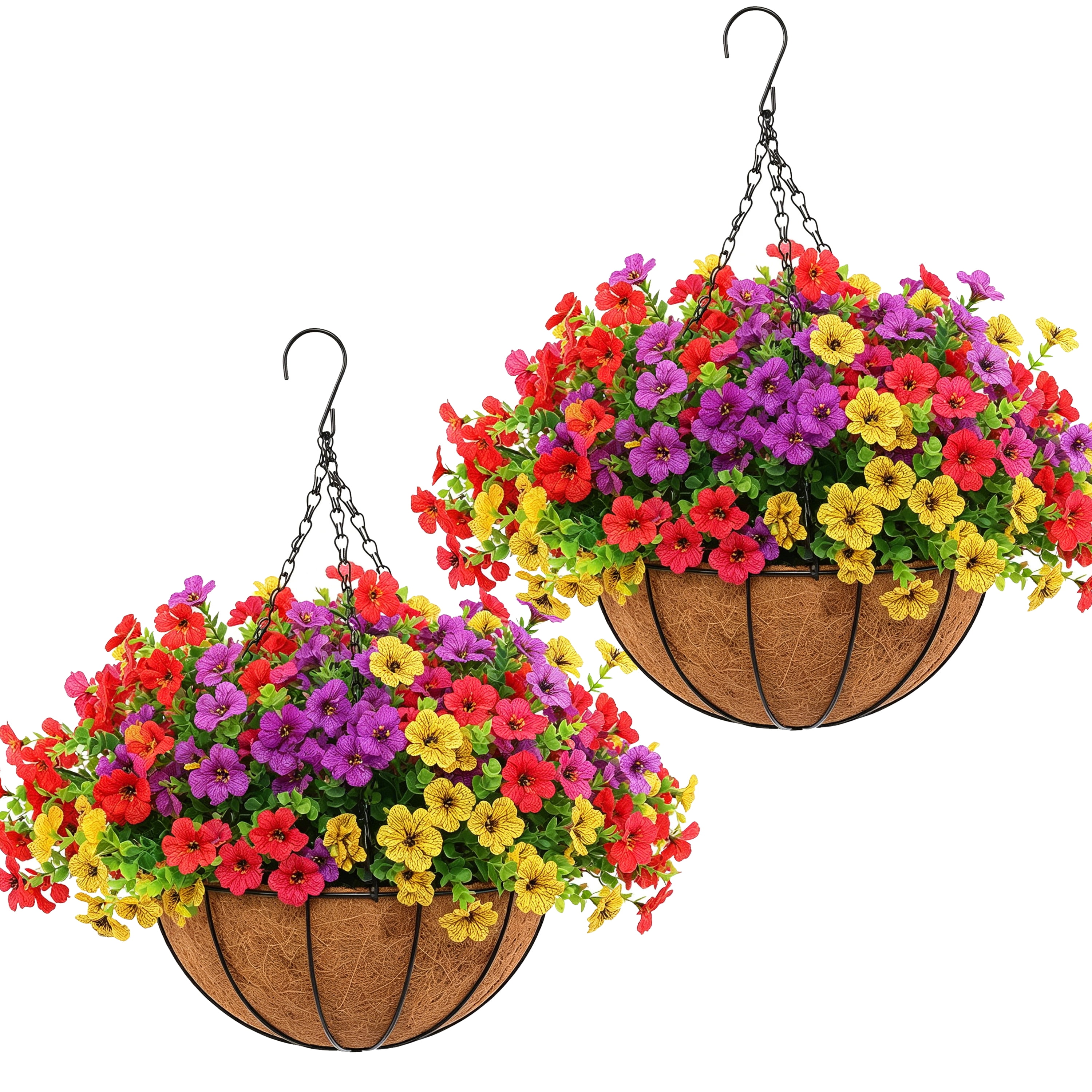 Hyindoor 2PCS Artificial Faux Flowers Hanging Plants Basket with 24Pcs Flowers, for Spring Summer Front Porch Balcony Yard Garden Patio Home Decor (9.8"DX14.3"H)