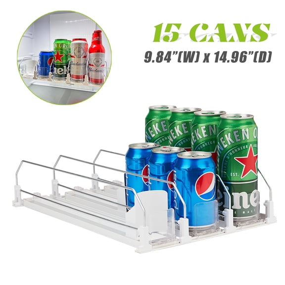Hyindoor 3 Rows Drink Organizer Adjustable Width for Fridge, Automatic Pushing 12oz 16oz 20oz Soda Can Organizer Dispenser, Holds up to 15 Cans(White)