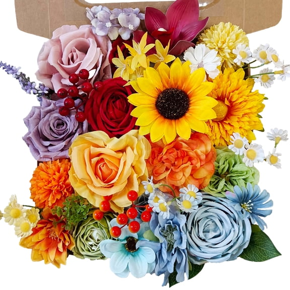 Hyindoor 31PCS Artificial Flowers Fake Flowers Rose Sunflower Chrysanthemum Daisy Orchid Hydrangea Chamomile Lavender Berry (Rainbow Colorful)