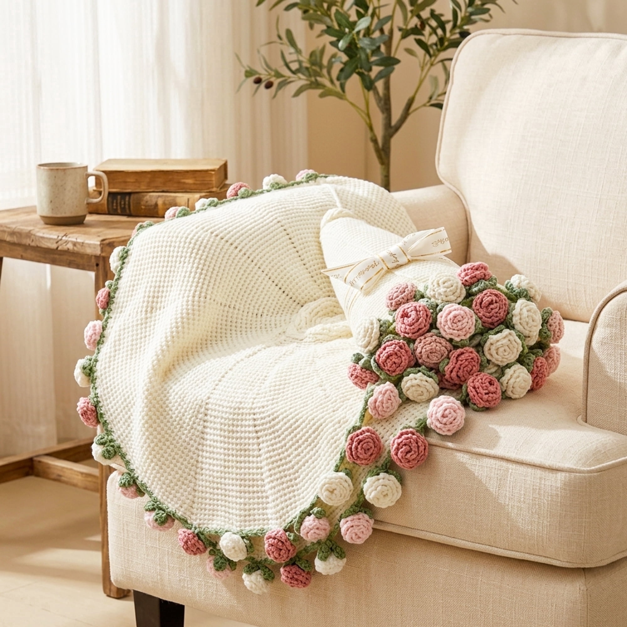 Hyindoor 38" Rose Flower Bouquet Blanket, Soft and Lightweight 3 Color Rose Knitted Throw Blankets Gifts for Birthday Wedding Mother's Day Valentine’s Day Christmas Home Decor