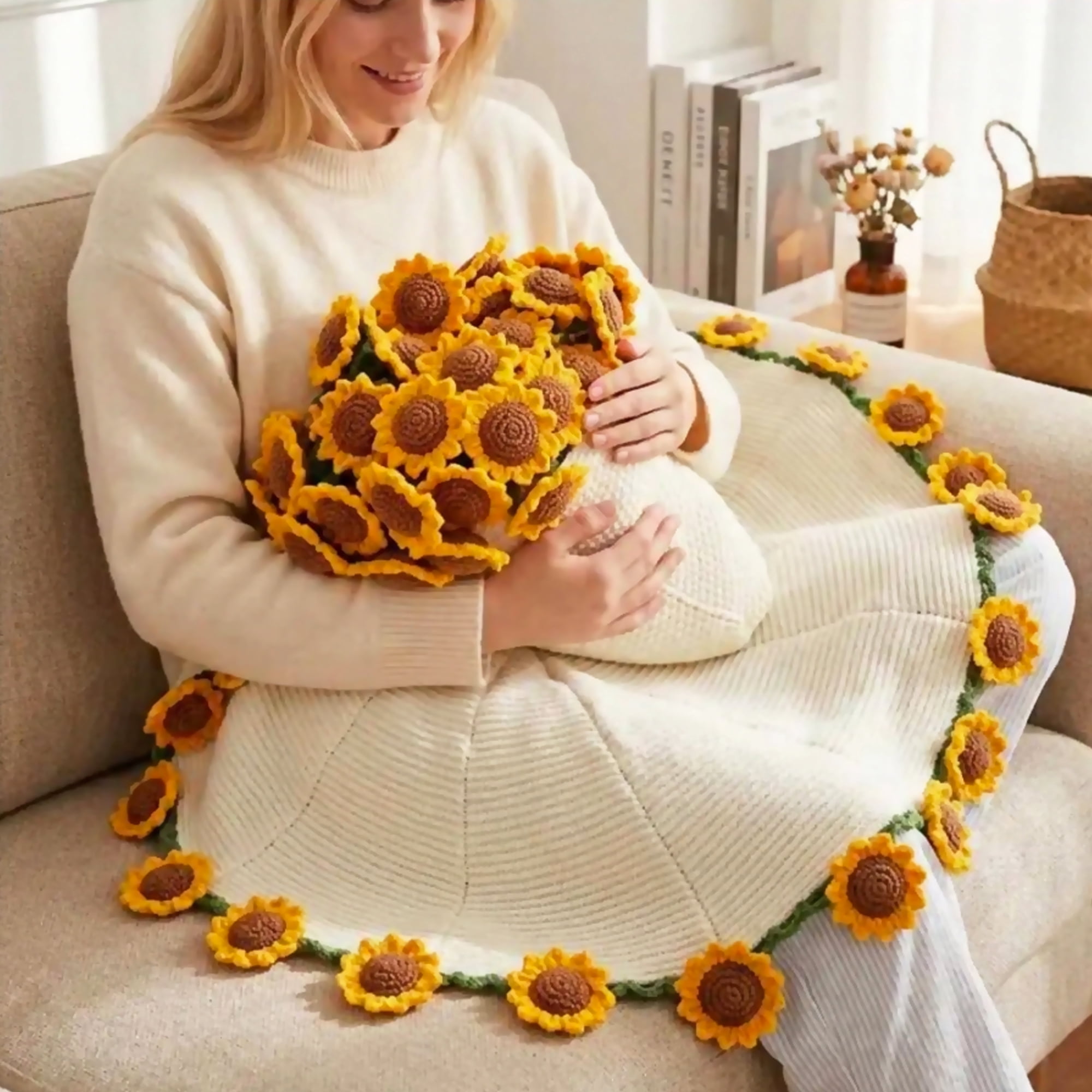 Hyindoor 38" Sunflower Flower Bouquet Blanket, Soft and Lightweight Knitted Throw Blankets Gifts for Birthday Wedding Mother's Day Valentine’s Day Christmas Home Decor