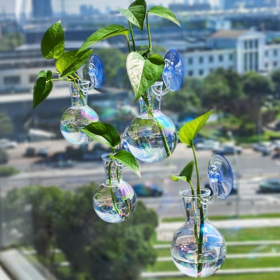 Hyindoor 4 PCS Iridescent Window Plant Propagation Stations Glass Bulb Vase with Suction Cups No Nails, Glass Plant Hanging Terrarium for Office Home Garden Wedding