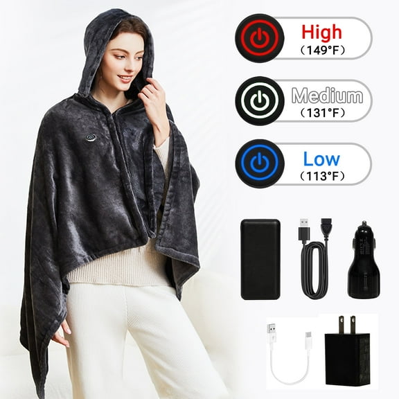 Hyindoor 59"x33" Cordless Electric Heated Blanket, Portable Heated Blanket Battery Operated 20000 mAh USB, 3 Temps, Washable Heating Shawl Scarf with Hat Zipper for Indoor Outdoor (Dark Gray)