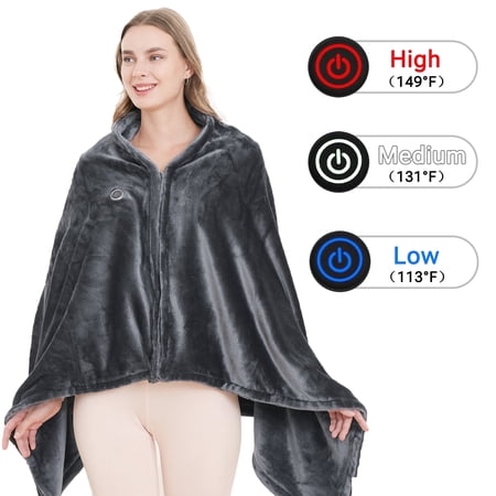 Hyindoor 59"x33" Electric Heated Blanket Portable USB Washable Heating Shawl Scarf with Zipper for Indoor Outdoor ,Dark Grey(without battery)