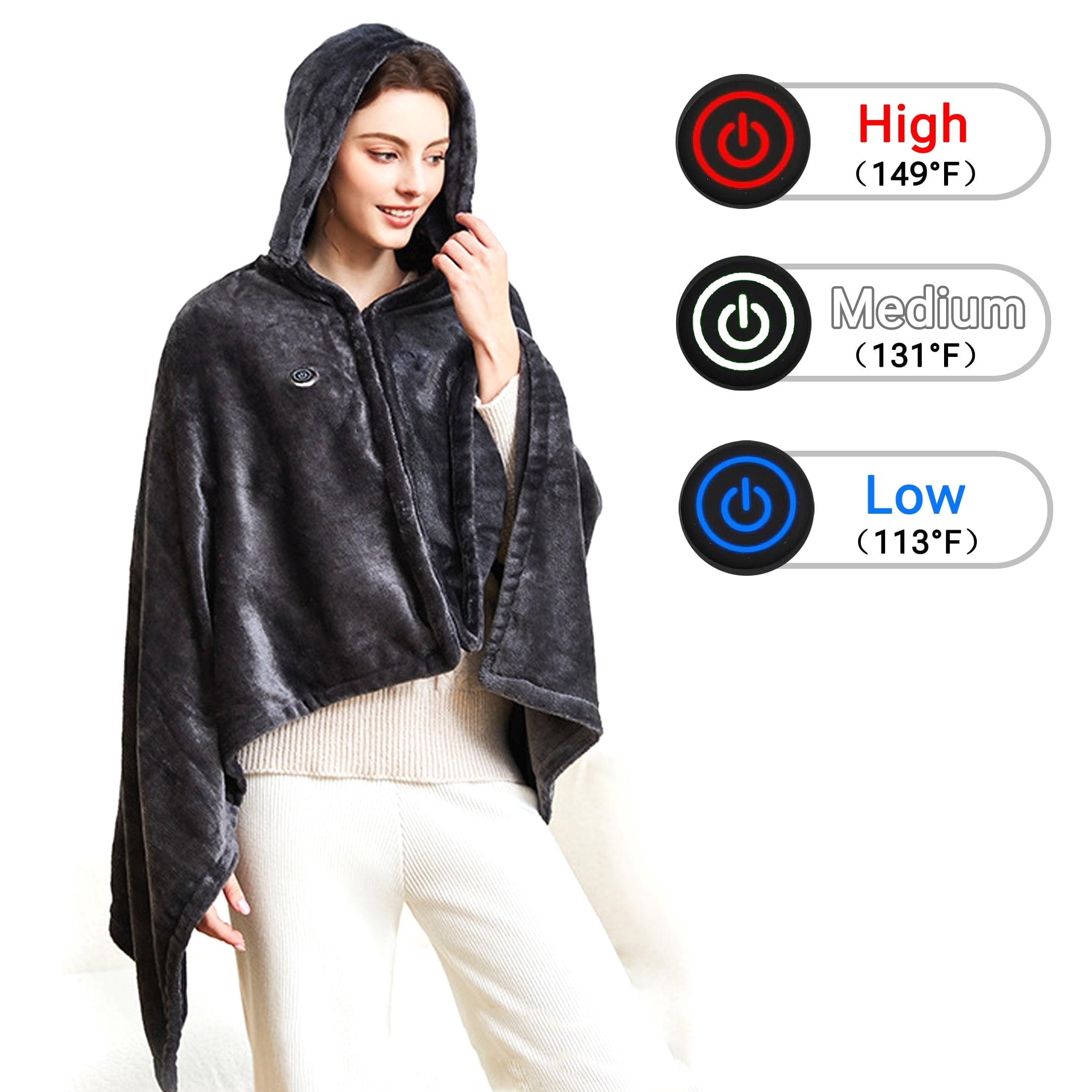 Hyindoor 59"x33" Electric Heated Blanket Portable USB Washable Heating Shawl with Hat Zipper for Indoor Outdoor (Dark Grey)