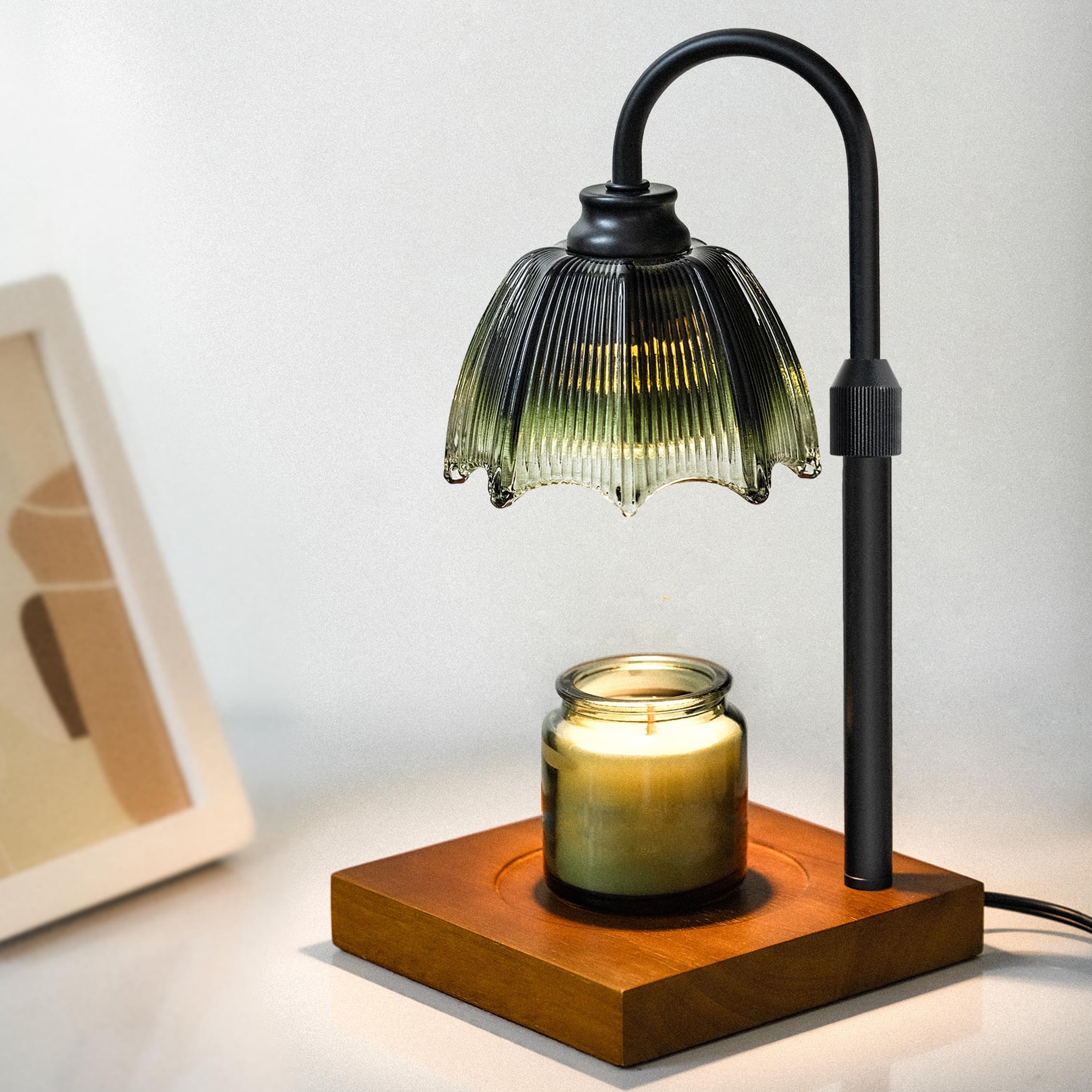 Hyindoor Candle Warmer Lamp Green Gradient Glass Lampshade with Timer Adjustable Height, Wax Melt Warmer for Scented Wax with 2 GU10 Bulbs, Women Gifts for Birthday Christmas, for New Home Decor
