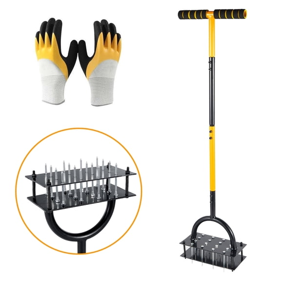 Hyindoor Lawn Aerator Tool, Manual Metal Tool Set with 16 Solid Steel Spikes, Automatic Leaf and Dirt Cleaning with Spring Base Design, Garden Tool for Yard Care(with Gloves)