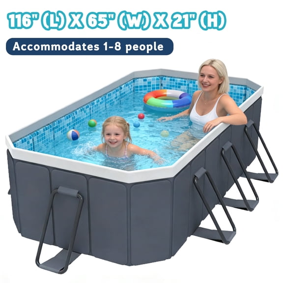 Hyindoor Outdoor Foldable Non-Inflatable Adults and Kids Swimming Pool Titanium Aluminum Support Steel Frame Anti-Slip for Lawn Garden Backyard(116" x 65" x 20")
