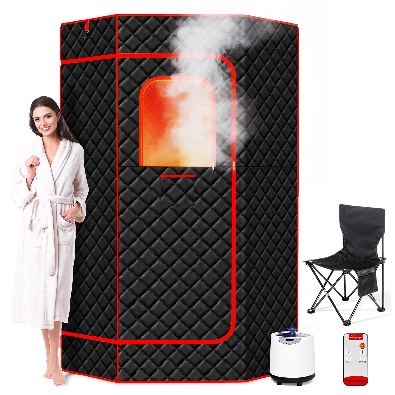 Hyindoor Portable Steam Sauna Box for Home, with 3L 1200w Steamer, Timer Remote Control, Folding Chair and Mat, 35"x35"x70" (Black&Red)