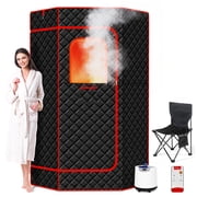 Hyindoor Portable Steam Sauna Box for Home, with 3L 1200w Steamer, Timer Remote Control, Folding Chair and Mat, 35"x35"x70" Black&Red