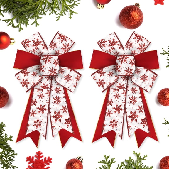 Hying 2 Pcs Christmas Bows for Wreath, Christmas Glitter Red White Snowflake Wreath Bows