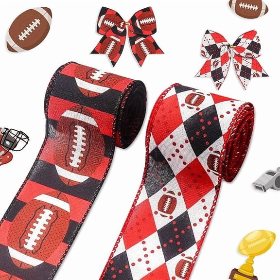 Hying 2 Rolls 10 Yards Football Wired Edge Ribbons, 2.5inch Black Red Stripe Burlap Ribbons