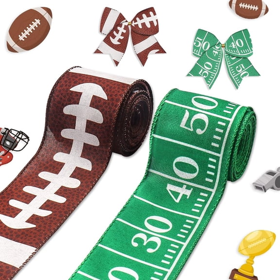 Hying 2 Rolls Football Ribbons, Football Wired Edge Ribbon Green Brown Burlap Ribbon Bow 2.5"x 5Yds
