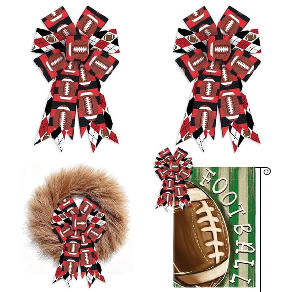 Hying 2PCS American Football Wreath Bows Red Black Stripes Football Burlap Bows for Wreath