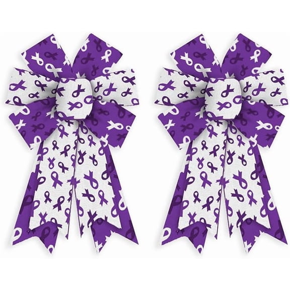 Hying 2PCS Breast Cancer Awareness Bows for Wreath,Purple White Burlap Bow Farmhouse Craft
