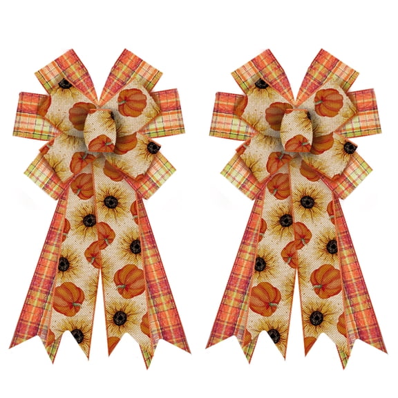 Hying 2PCS Fall Bows for Wreaths - Thanksgiving Day Decor in Natural Burlap Orange Buffalo Plaid