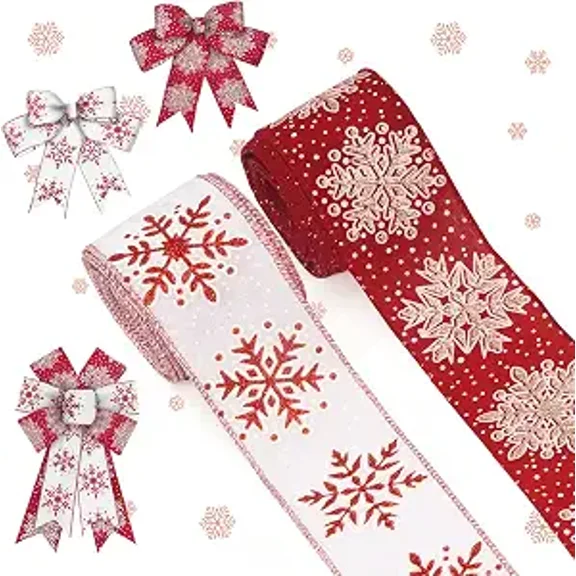 Hying 2Rolls Christmas Ribbons for Crafting,Xmas Wired Edge Ribbon Red White Burlap Ribbon